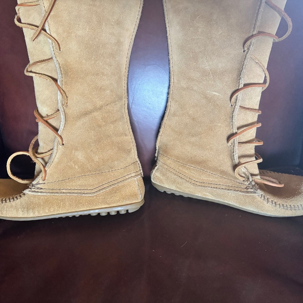 Tall Tan Leather Minnetonka Moccasin Boots - Picture 6 of 13
